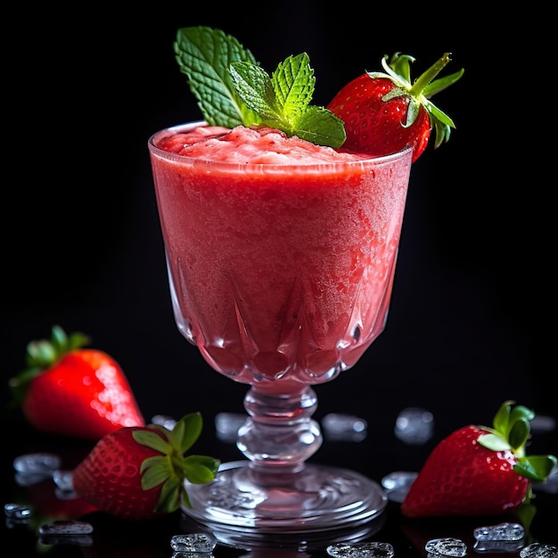 A glass of strawberry smoothie with a mint leaf on top