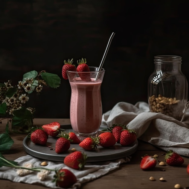 A glass of strawberry smoothie with a straw and a jar of peanuts.