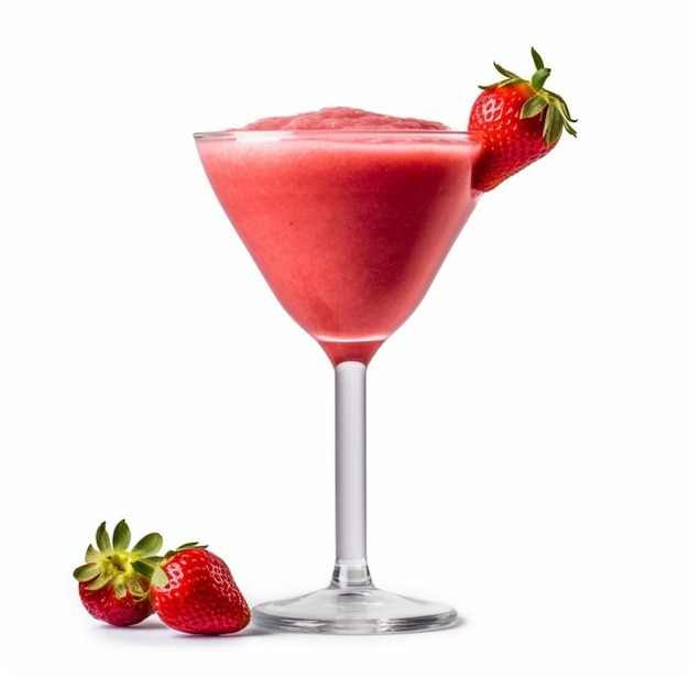 A glass of strawberry smoothie with two strawberries on the side.