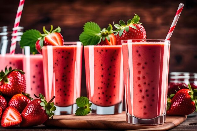 A glass of strawberry smoothies with strawberries on a wooden board