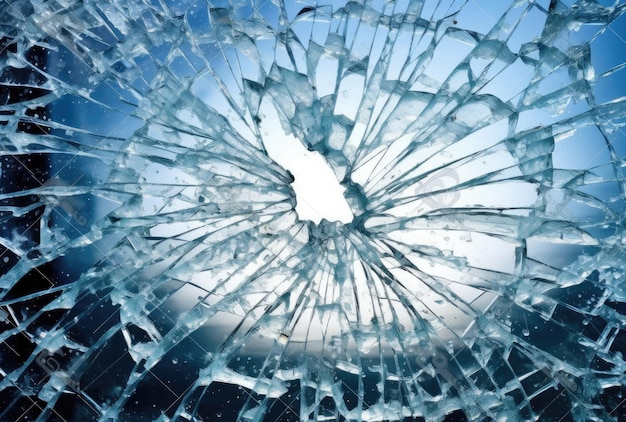 Photo a glass surface that took a bad hit and broke featuring a big scary hole maybe a bullet created with generative ai technology