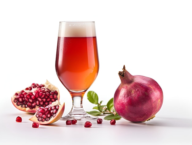 Glass of sweet light fruit beer with pomegranate juice and foam on white background Pomegranate beer isolated on white with whole and sliced pomegranate close up copy space Generative AI