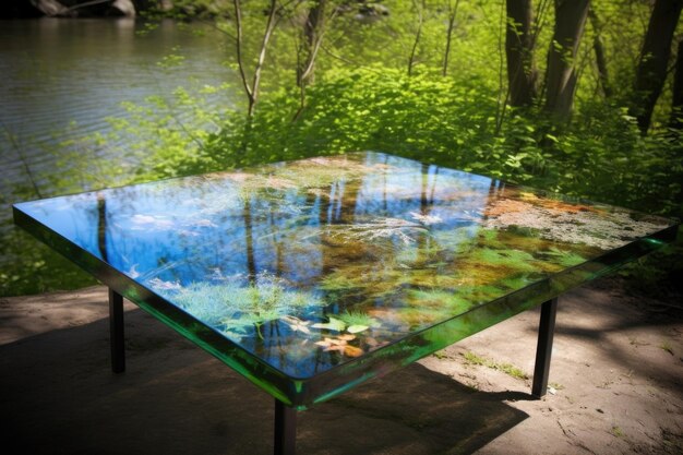 Glass table top with reflections of natural surroundings created with generative ai