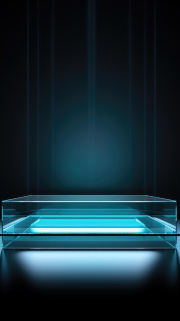 中央の透明なガラスのポディウムのコピースペースに青い光のあるガラスのテーブル
