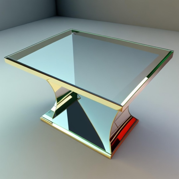 A glass table with a gold base and a red and orange glass top.