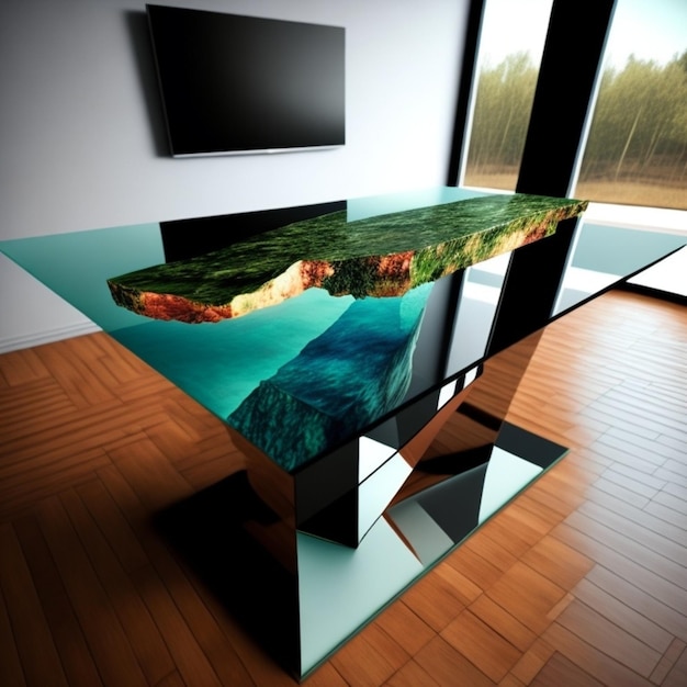 A glass table with a landscape on it