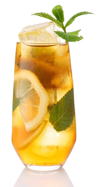 Glass of tasty cold iced tea on white background