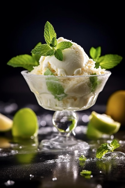 A glass of tasty lime ice cream Special summer menu