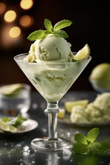 A glass of tasty lime ice cream Special summer menu