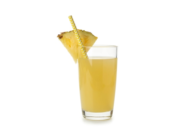 Glass of tasty pineapple juice isolated on white background