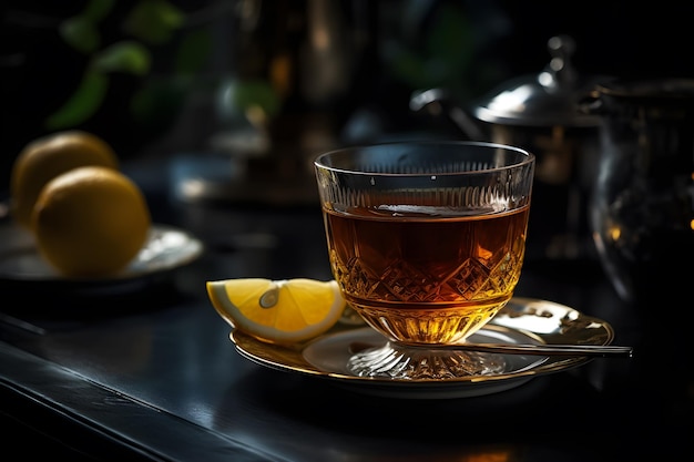 A glass of tea sits on a table with lemons on the side.