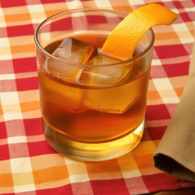 Glass of tea with ice and lemon on a checkered tablecloth