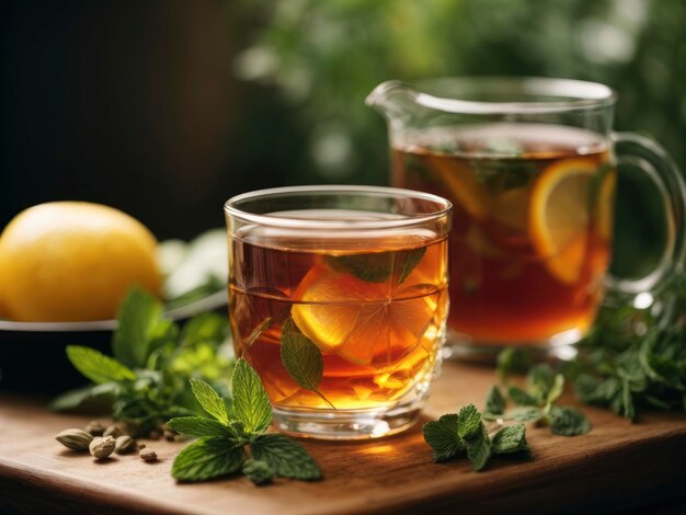 a glass of tea with lemon and mint leaves on a cutting board