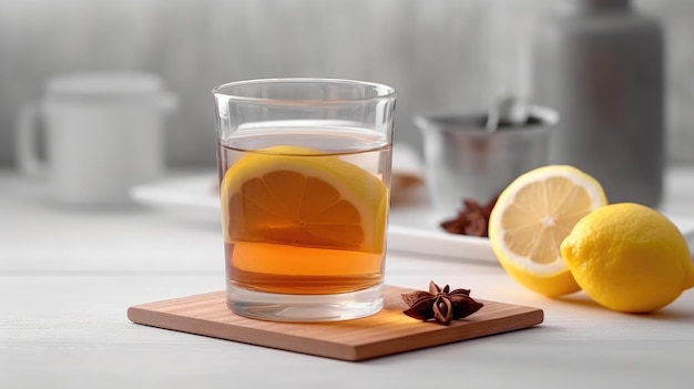 A glass of tea with a lemon on the side