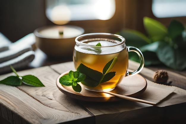 a glass of tea with mint leaves on a wooden table