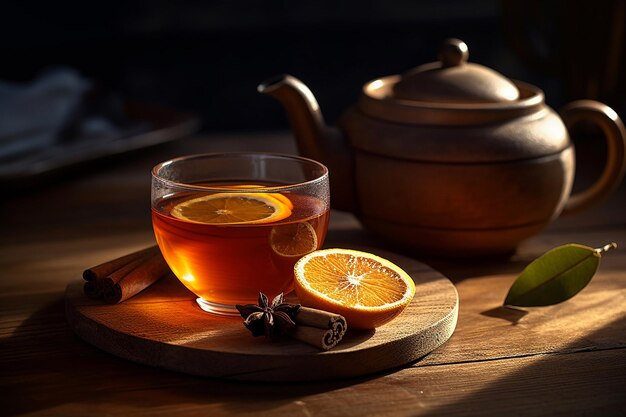 A glass of tea with a slice of orange on it