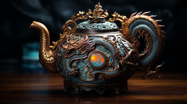 Glass Teapot Capturing a Dragon Inside