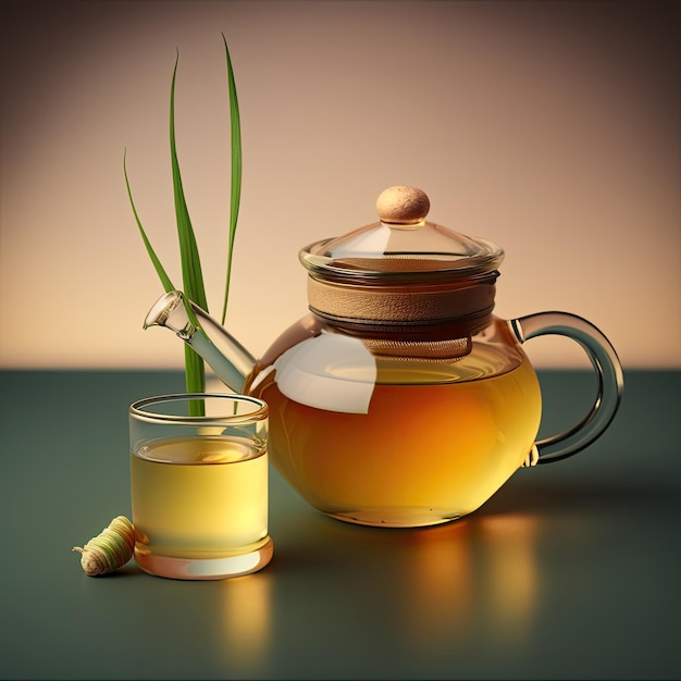 Glass teapot and cup containing lemongrass and ginger tea Illustration AI Generative