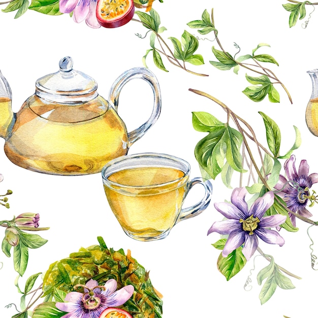 Glass teapot and cup passion flower stem watercolor seamless pattern isolated on white