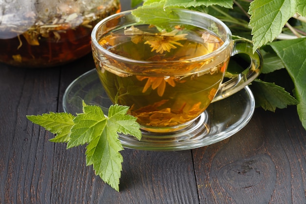 Glass teapot and cup with green tea on old wooden table with fresh herbs