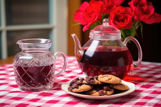 Glass teapot filled with hibiscus tea and a plate of cookies on a redcheckered tablecloth