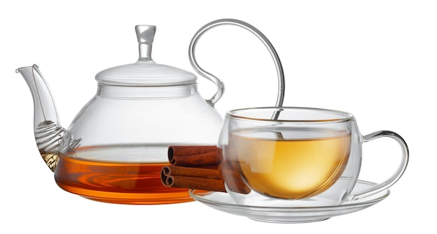 Glass teapot and glass cup with tea isolated