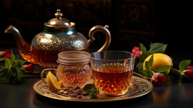 Glass Teapot With Candle and Lemon Slices on a Plate