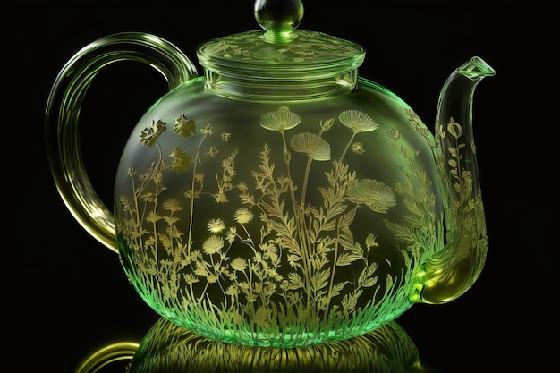 Glass teapot with gold wild flowers on black isolated