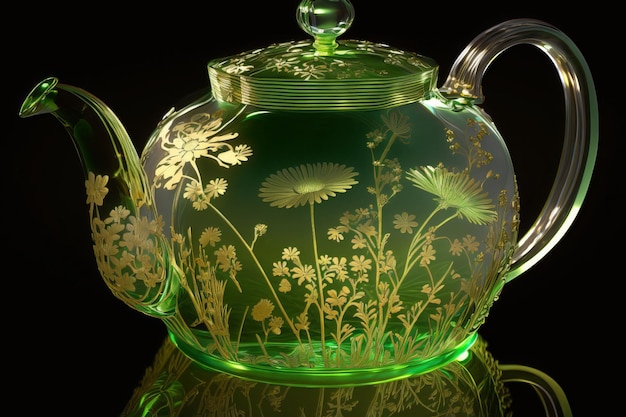 Glass teapot with gold wild flowers on black isolated