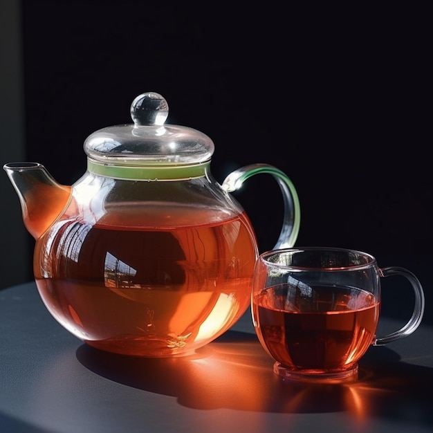 A glass teapot with a green lid and a green lid sits next to a glass cup of tea.