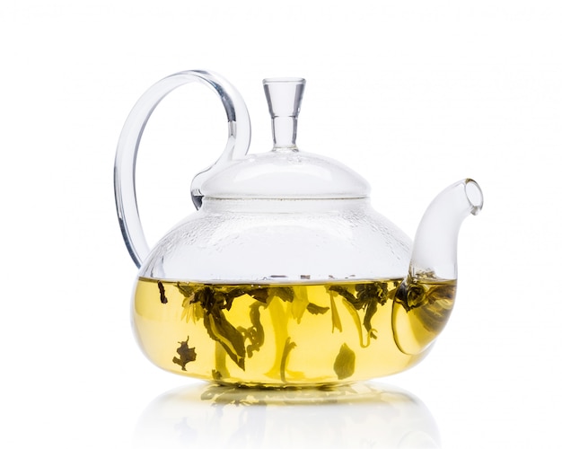 Glass teapot with green tea