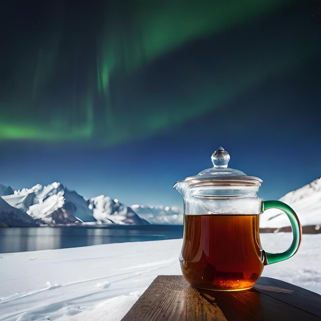 Photo a glass teapot with a green and white aurora in the background.