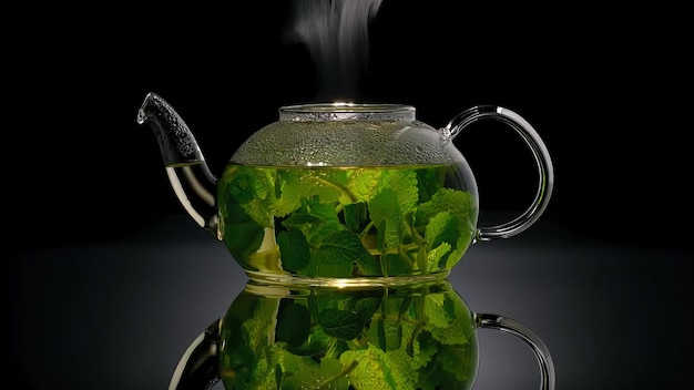 Glass teapot with large leaf multicolored tea on black background