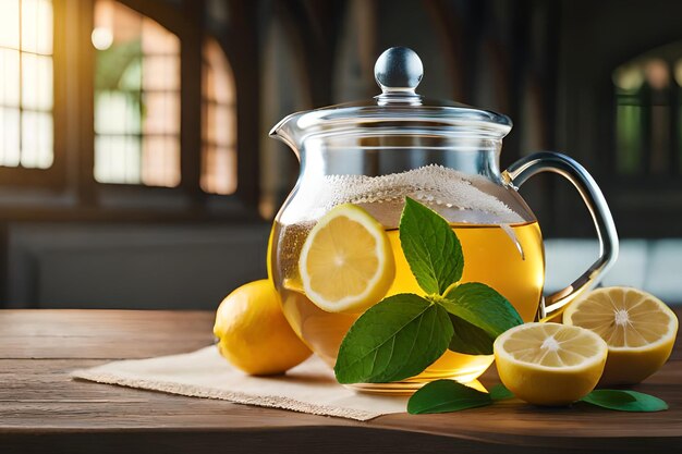 Стеклянный чайник с лимонами и листьями рядом с ним