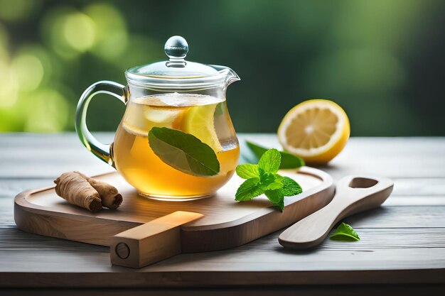 A glass teapot with lemons and mint leaves sits on a wooden cutting board.