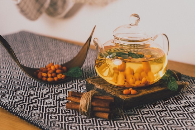 Glass teapot with tea