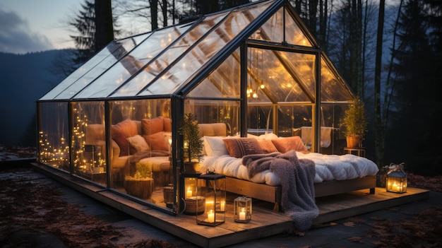 Glass tent with equipment and amenities in a forest hotel an idea for relaxation and glamping