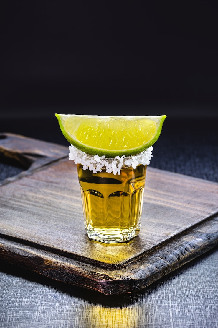 Photo glass of tequila, black surface, typical mexican drink