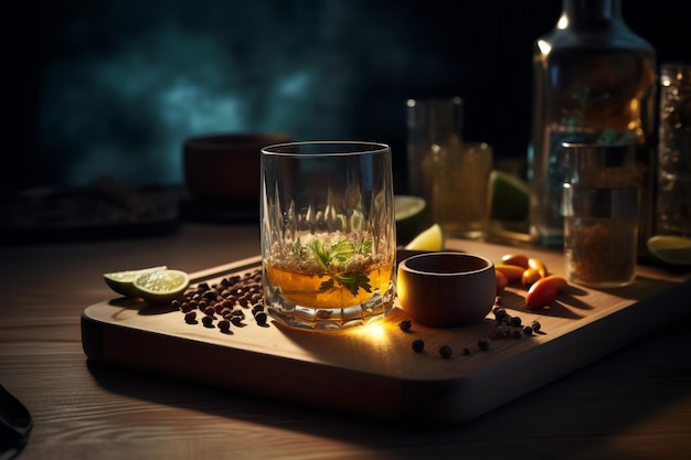 A glass of tequila sits on a tray with a drink on it