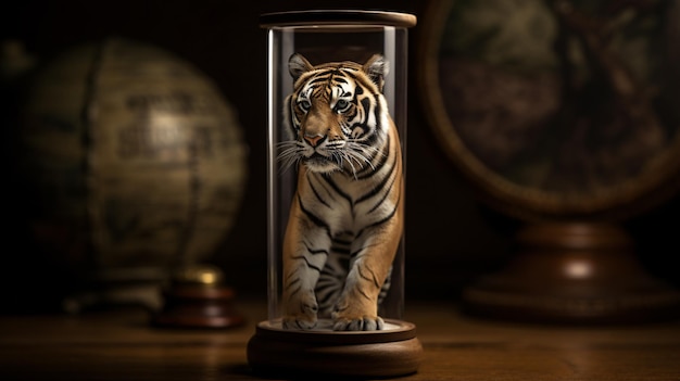 A glass tiger sits on a table.