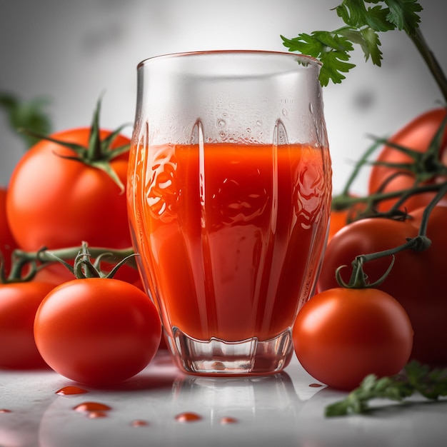 A glass of tomato juice is next to some tomatoes.