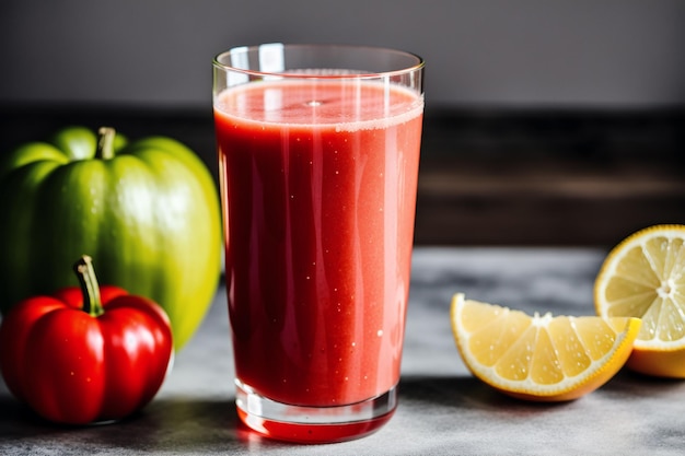 A glass of tomato juice next to a lemon and tomatoes