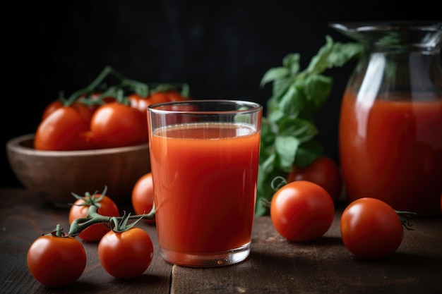 A glass of tomato juice next to a pitcher of tomato juice Generative AI