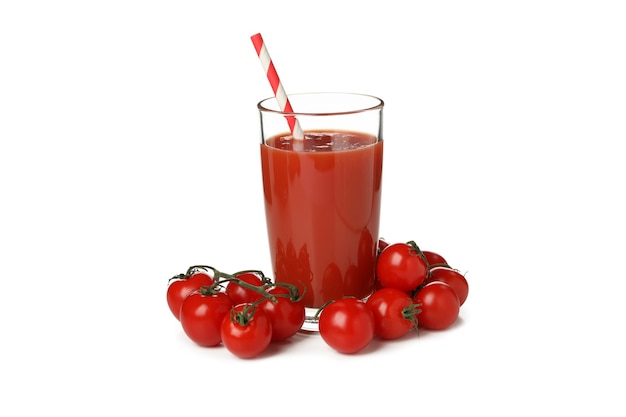 Glass of tomato juice and tomatoes isolated on white