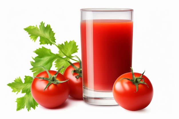 A glass of tomato juice with a bunch of parsley on the side.