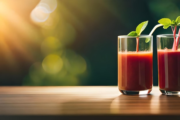 A glass of tomato juice with a green leaf on the top.