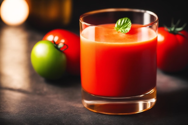 A glass of tomato juice with a green tomato on the side