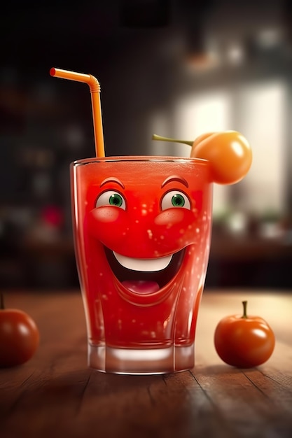 A glass of tomato juice with a smiling face