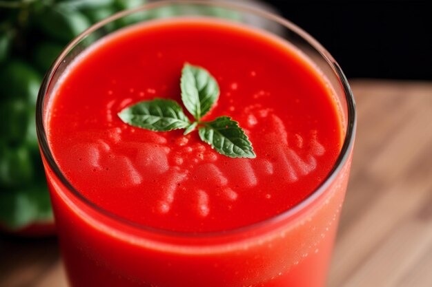 A glass of tomato juice with a sprig of basil on the top.