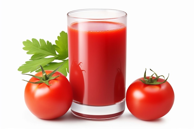 A glass of tomato juice with a sprig of parsley on the side.